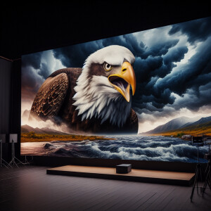 A Bald Eagle with an angry look against a dark stormy backdrop....