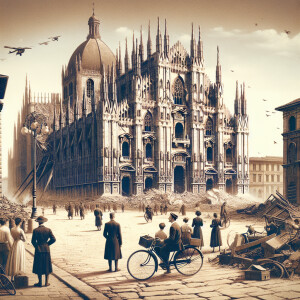 A damaged Milan Cathedral following Allied bombing during WWII,...
