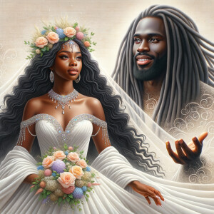 Create a 3-D realistic oil, painting of a beautiful African-American bride. She has long flooring, wavy hair and her gown has beautiful jewels around the neckline. in the background there is a beautiful African-American Jesus Christ with long dreadlocks, and he is smiling. He is very handsome pastel flowers throughout the image.