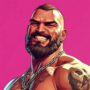 White muscular thin man with beard, big chin, smile and cheekbon...