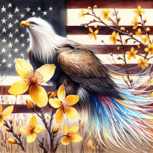 wet Water colors,
Eagle with long hair, long hairy neon tail, go...