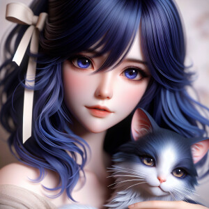 Realistic anime woman with dark blue hair and dark brown eyes. S...