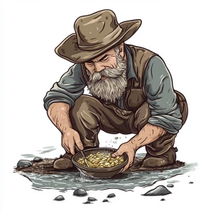 An old prospector with a bushy mustache panning for gold in a ri...