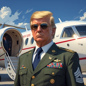 Trump dressed as general,,on my private jet, GTA style art