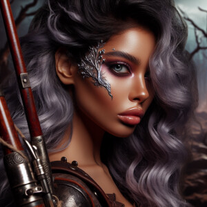 A beautiful huntress from the “Monster Hunter” series with dark...