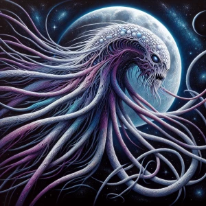 A mesmerizing lunar tentacled titan, its shimmering appendages r...