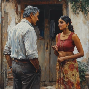 Hyperrealistic painting,a muscular village head man talking to 4...