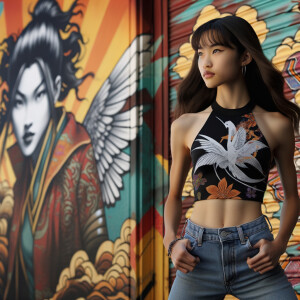 Very thin Athletic Thin skinny Attractive, Asian teenage girl, long brown hair and bangs, wearing tight skinny jeans and a halter top paint marks on her clothing, sitting side view heroic pose Asian graffiti