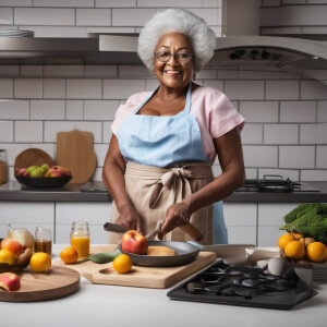 Black granny. In kitchen. Large breasts. Round buttocks. Making...