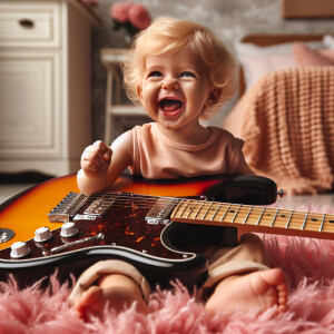 A baby with blonde hair and blue eyes playing the electric guita...