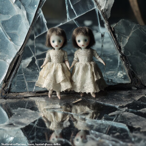"Shattered reflections, haunted glass dolls."
