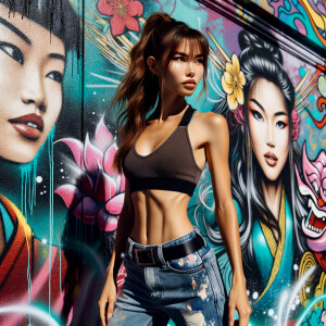 Very thin Athletic Thin skinny Attractive, Asian teenage girl, long brown hair and bangs, wearing tight skinny jeans and a halter top paint marks on her clothing, heroic sideways pose Asian graffiti background