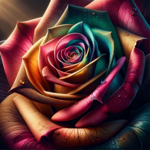 rose, its petals exhibiting a vibrant gradient of hues: crimson...