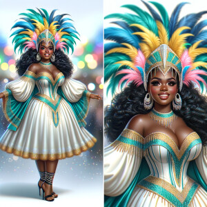 Create a 3-D  vivid full-body view of a colorful glossy hyper-realistic oil painting of a detailed illustration full length photo single image of a beautiful African-American caramel skinned woman plus sized, with long, black, wavy hair, her make up is airbrushed and flawless, she is dressed in a white, teal and yellow large, elaborate, elegant, very detailed carnival costume with colorful African-American pink, blue, gold yellow green feathers, flawless makeup, prominent lashes, black peep toe heels, white pixie hair, background bokeh, she is stunning and smiling, digital art.