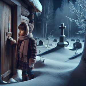The girl opens the door of the house, looks at the grave in the...