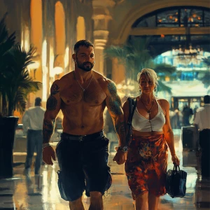 Digital painting.A sweaty  man walking with his 54 year old moth...