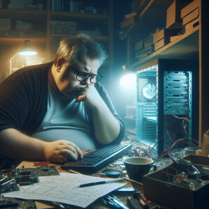 Sad fat man fixing computer