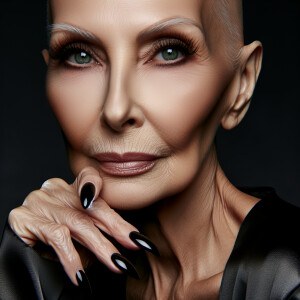 A pale skinned ,older,bald woman, with glowing green eyes, long...