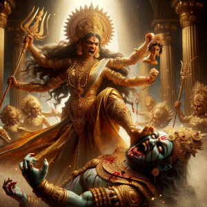 portrait of angry looking goddess durga placing her foot on a defeated mahishasur. She is wearing gold armor, a huge gold crown, gold saree, abundant  gold jewelry, covered in blood. The scene is set in ancient India. The image is 8K resolution, photography, cinematic, ultra detailed face and epic