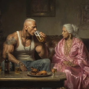 Photo Hyperrealism,painting.a muscular   criminal delhi man sitt...