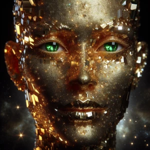 Craft a close-up portrait of a regal, gemstone-constructed face,...