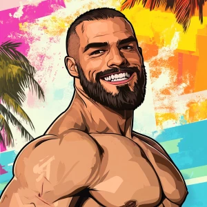 White muscular thin man with beard, big chin, smile and cheekbon...