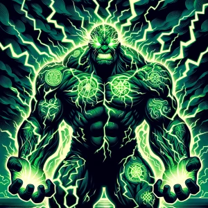 Graphic-style full-body illustration of the Incredible Hulk, sta...