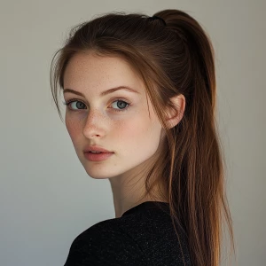 a woman, look to the camera, close up photo, High pony tail hair...