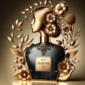 Design, a black and gold perfume bottle in the shape of a woman’s body with flowers and the name Karen