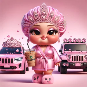A whimsical animated scene shows a curvy chibi queen standing in...