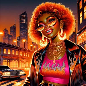 Create an ultra-realistic caricature emphasizing the joy and confidence of a curvy African American woman. Her hair is a radiant fire-orange, styled flawlessly. She has large, expressive brown eyes enhanced by dramatic lashes, glowing skin, and glossy pink lips. She's sporting a vivid pink crop top emblazoned with 'SUSPECT A HOT GIRL' in sparkling black letters, paired with a shiny leather skirt adorned with flame motifs. A striking fringe jacket adds a sense of dynamic flow. Accessorize with flame-shaped sunglasses, oversized gold hoop earrings, multiple layered gold necklaces, and colorful bangles. The backdrop is a bustling urban night scene, aglow with neon signs, that complements her glamorous presence