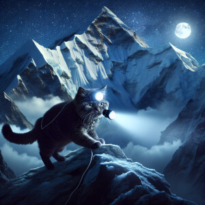 A cat wearing a headlamp ascending Mount Everest at night.