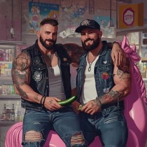 Two muscular men, both with tattoos, are positioned in a grocery...