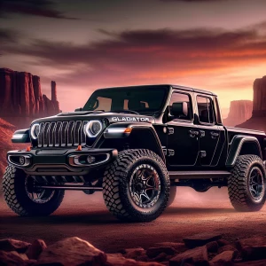 A high-gloss, obsidian-black, 3-axle a 3-axle Jeep Gladiator pic...