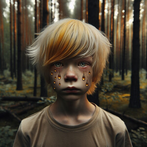 Boy with yellow-baige hair crying in forest.
He is alone and no...