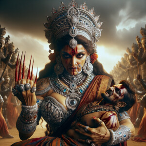 portrait of intense looking, muscular beautiful goddess durga carrying a short weak evil man and stabbing him with her red fingernails. She is wearing diamond saree, diamond armor, a huge diamond crown, abundant diamond jewelry. The scene is set in a dry landscape.  blood everywhere. The image is 8K resolution, cinematic, ultra detailed face and epic.