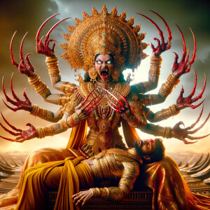 portrait of angry looking, four-armed indian goddess sitting on...