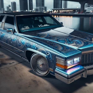1992 Cadillac Fleetwood with blue metallic paisley print reflect...