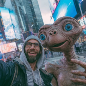 Create an image of a man taking a selfie with a life-sized, alie...
