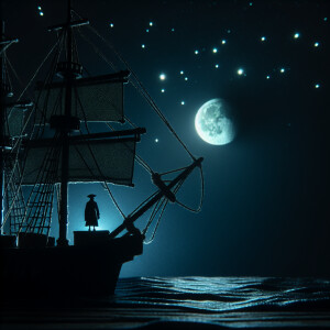The ship sails at night. There is one person standing on it. A p...