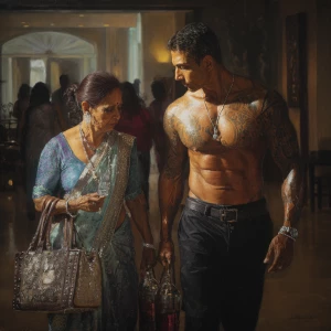 Hyperrealism,sharp painting,A sweaty tattoed muscular man walki...