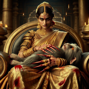 portrait of intense looking indian goddess sitting on a gold cr...