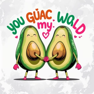 Create an image of an adorable cartoon avocado duo clasping hand...