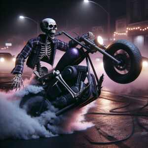 horror core skeleton wearing urban street clothes, riding a dark...