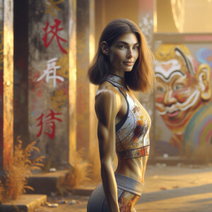 Athletic Thin skinny Attractive, Asian teenage girl, long brown hair and bangs, wearing tight skinny jeans and a halter top paint marks on her clothing, heroic pose Asian graffiti background, backside view