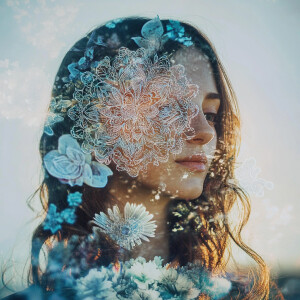 Cottagecore mandala with a double exposure element with a female...