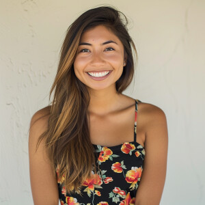 A cute woman

Californian

Smiling 

Clothes: Floral Dress

Look...