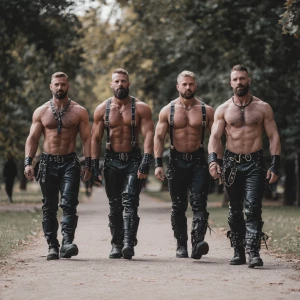Four bodybuilder muscle, bearded, men walking in the park with l...