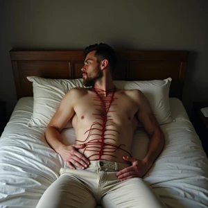 A man tied to a bed Wearing no shirt whatsoever with long red wh...