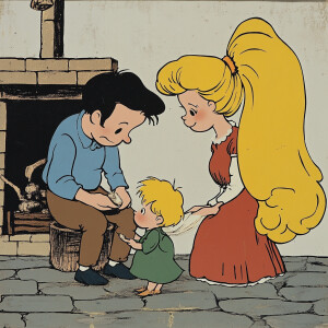 Father and mother in their home, near their child, whose hair is...